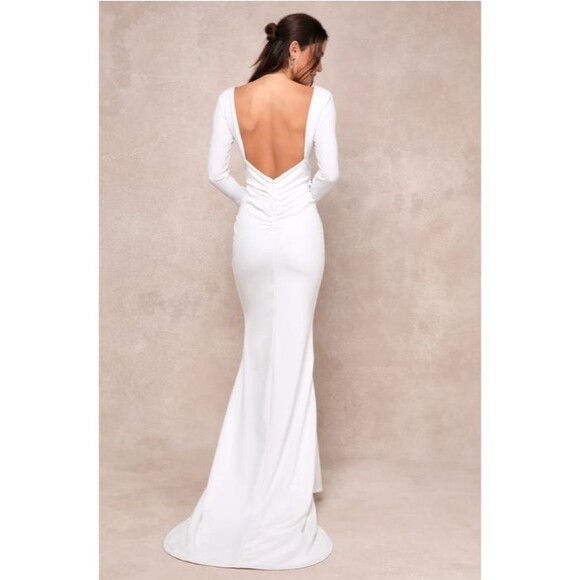 Lulus White Backless Long Sleeve Ruched Wedding Dress Extra Large V Neck NWT - Picture 3 of 8